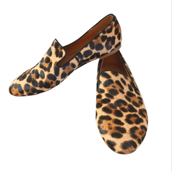 J Crew Calf Hair Smoking Loafer S Women’s Size 7.5 Leopard Print Flats - Picture 1 of 10